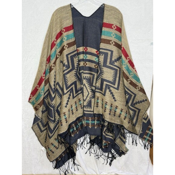 Urban CoCo Shawl Poncho Wrap Cape Reversible Fringe Tassel Aztec Western - Picture 2 of 13